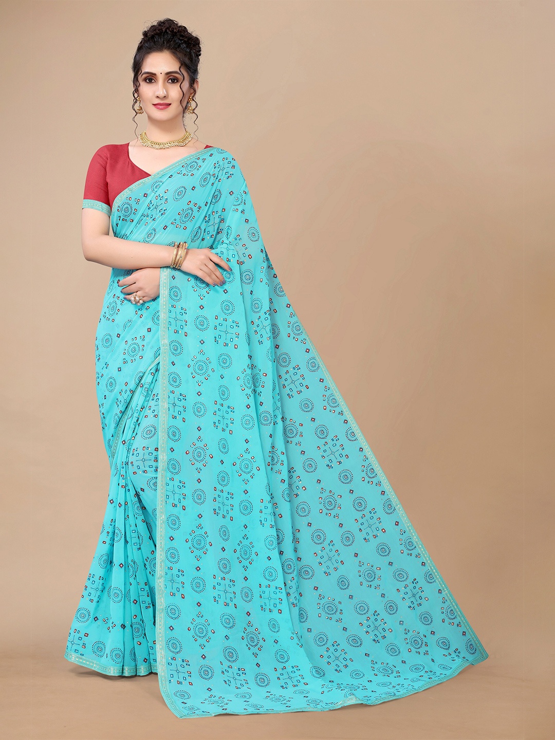 

Fashion FRICKS Blue & Red Ethnic Motifs Pure Georgette Bandhani Saree