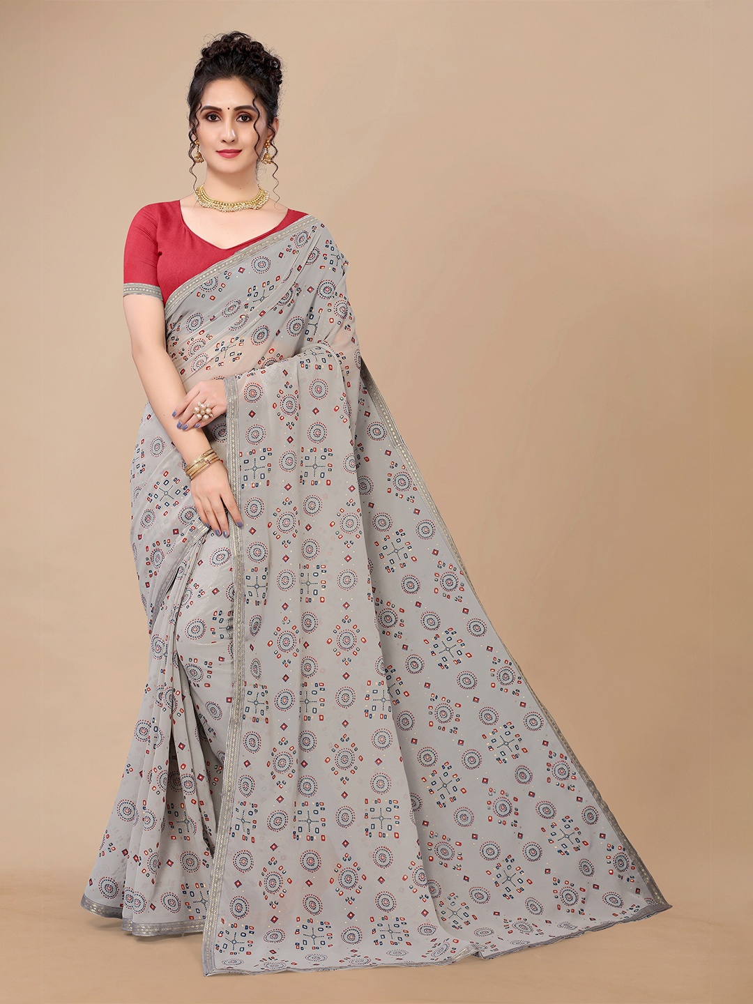 

Fashion FRICKS Grey & Blue Bandhani Pure Georgette Bandhani Saree
