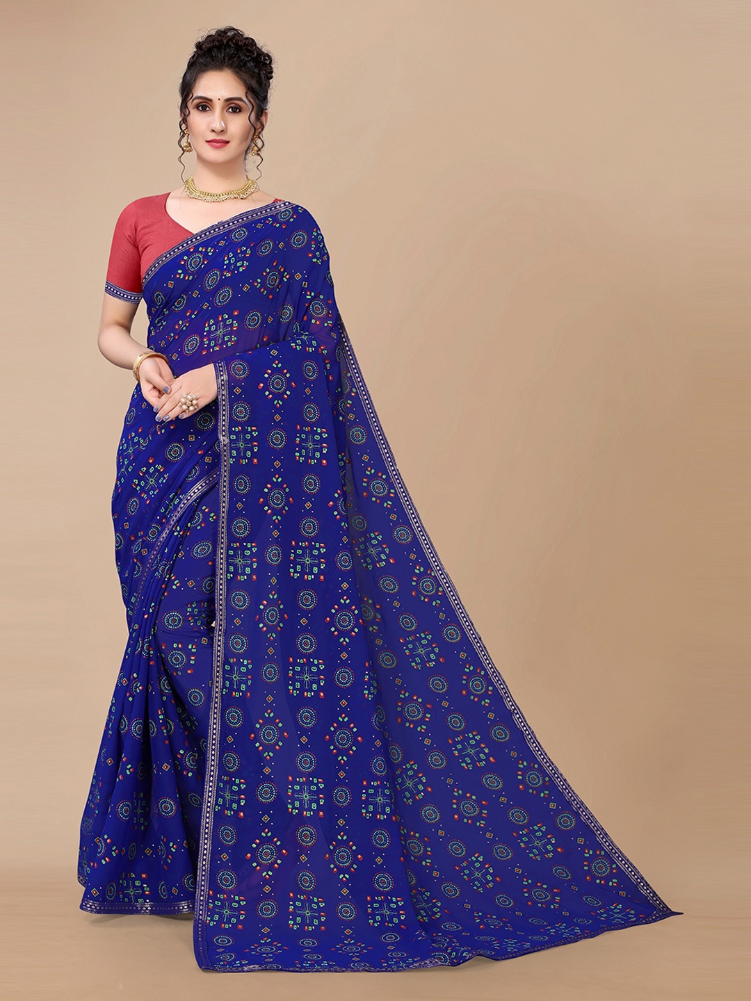 

Fashion FRICKS Navy Blue & Pink Bandhani Pure Georgette Bandhani Saree