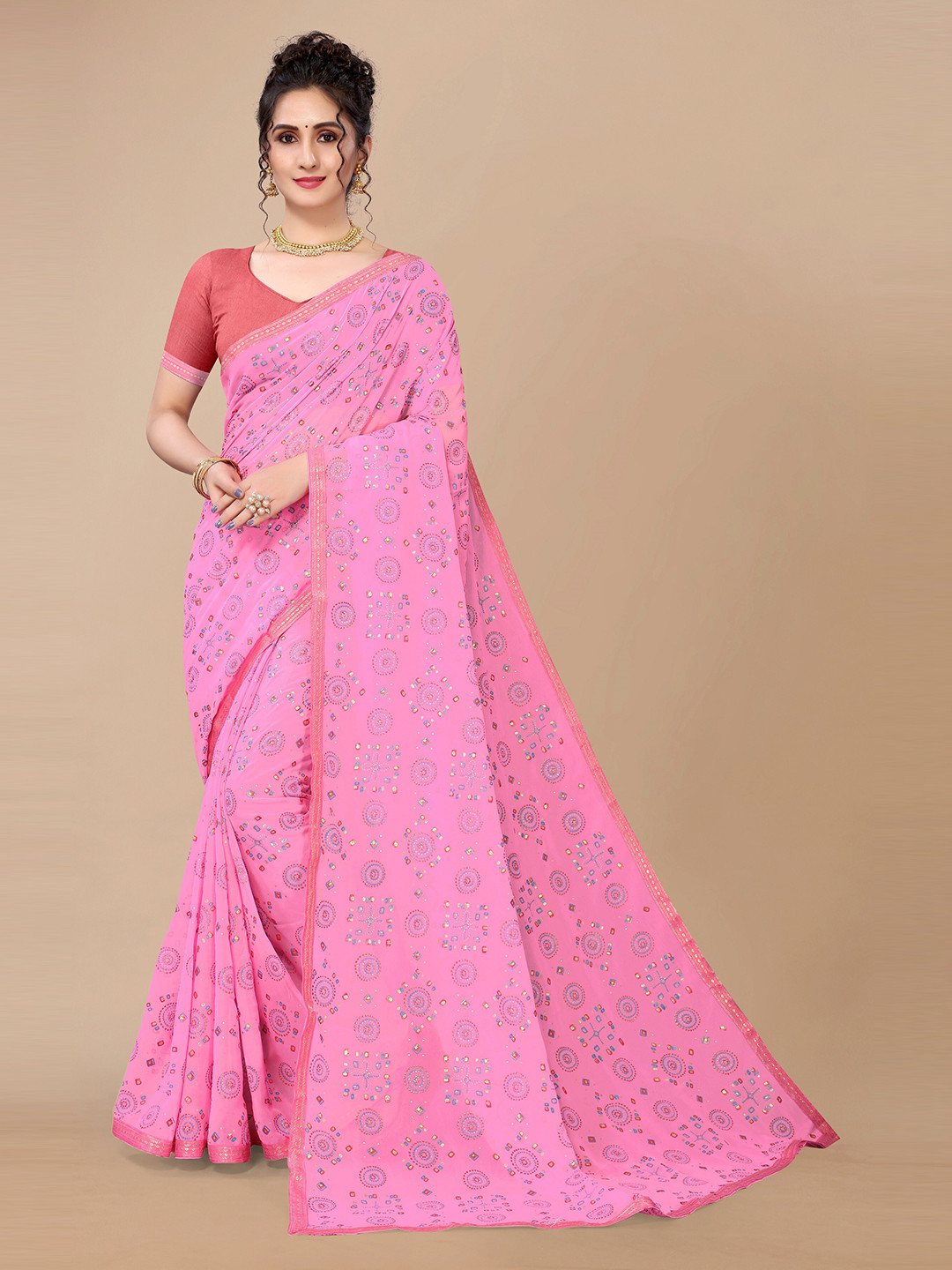 

Fashion FRICKS Pink & Blue Bandhani Pure Georgette Bandhani Saree