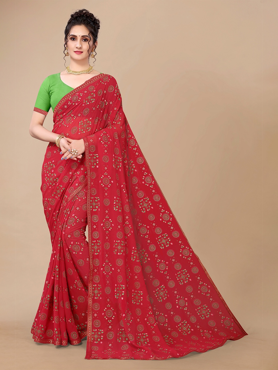 

Fashion FRICKS Red & Green Bandhani Pure Georgette Bandhani Saree