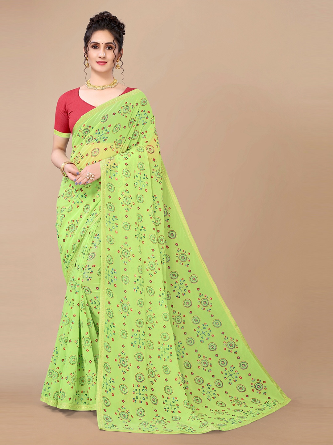 

Fashion FRICKS Green & Blue Bandhani Pure Georgette Bandhani Saree