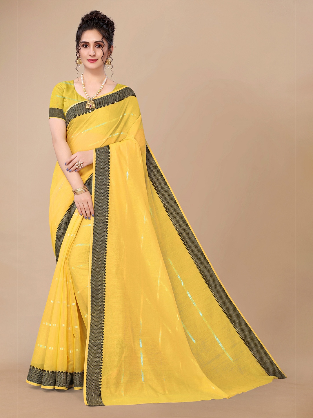 

Fashion FRICKS Yellow & Silver-Toned Striped Zari Silk Cotton Saree