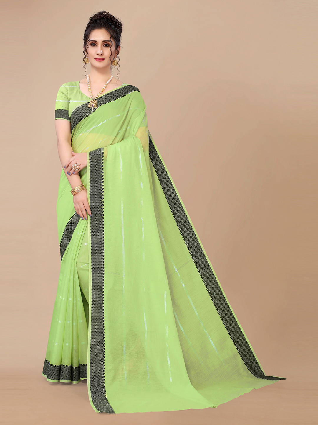 

Fashion FRICKS Green & Black Striped Zari Silk Cotton Saree