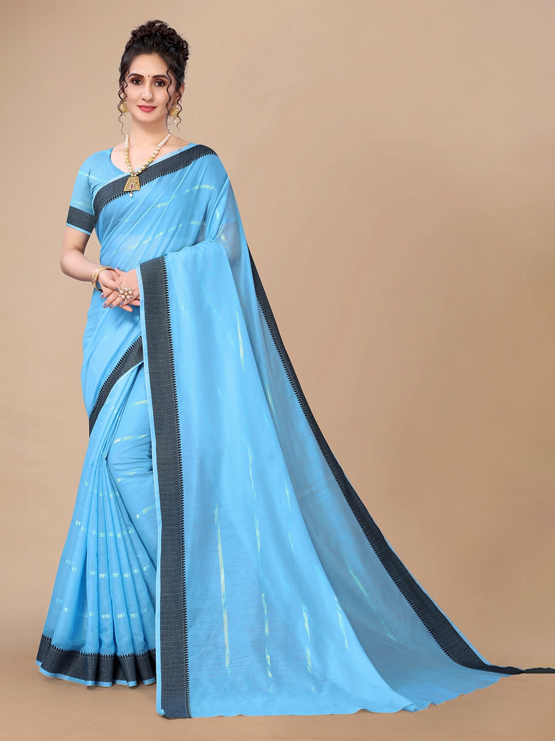 

Fashion FRICKS Blue Striped Zari Silk Cotton Saree