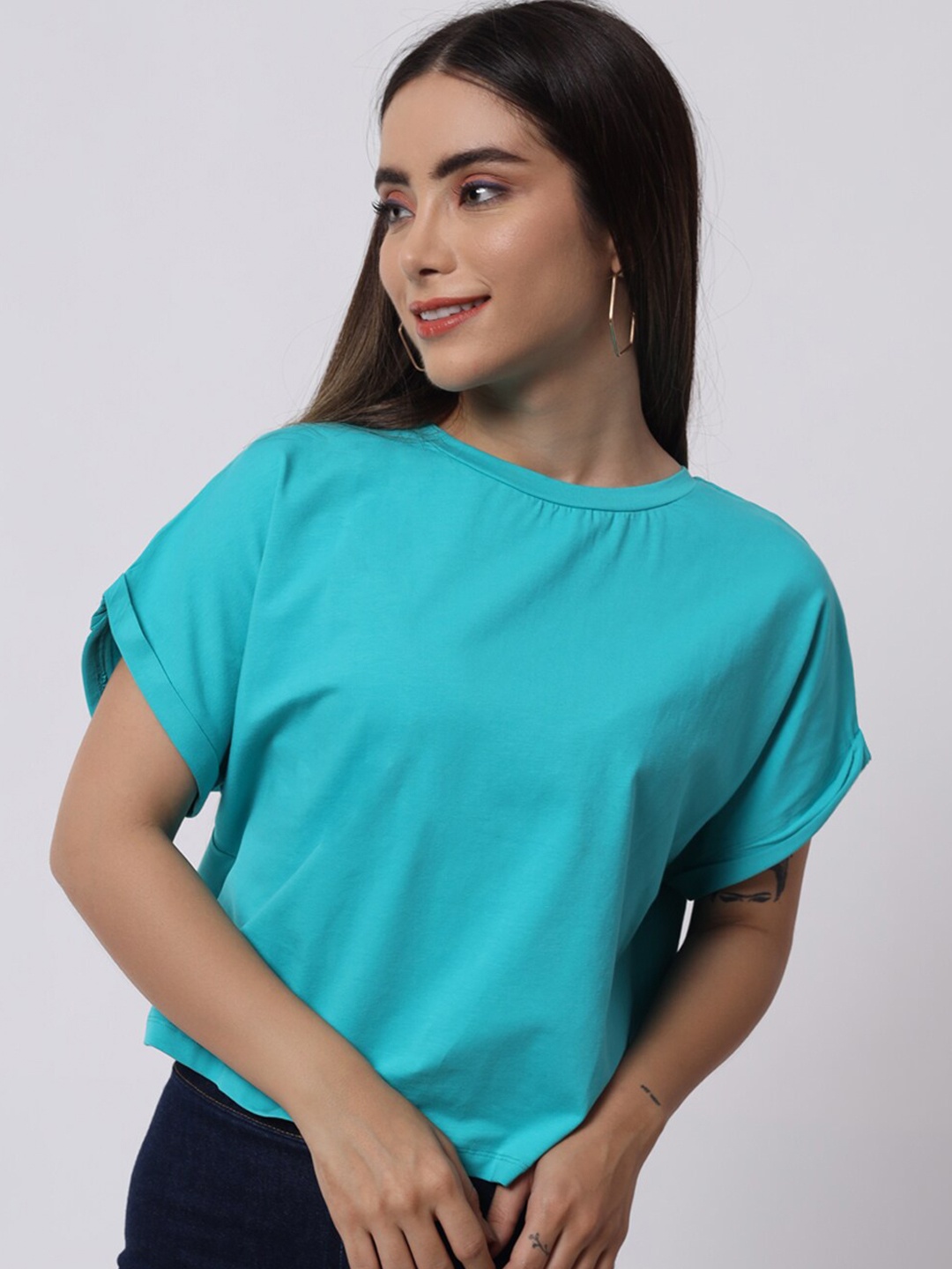 

KEIKO Women Turquoise Blue Extended Sleeves Cotton Top