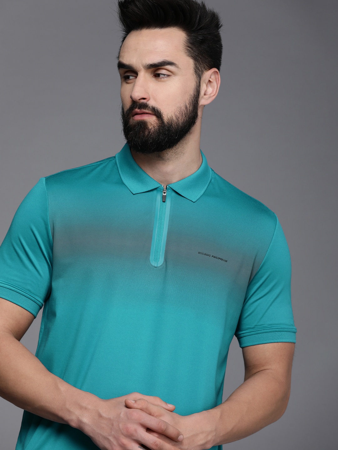 

Louis Philippe ATHPLAY Men Polo Collar Sports T-shirt With Ombre Effect, Teal