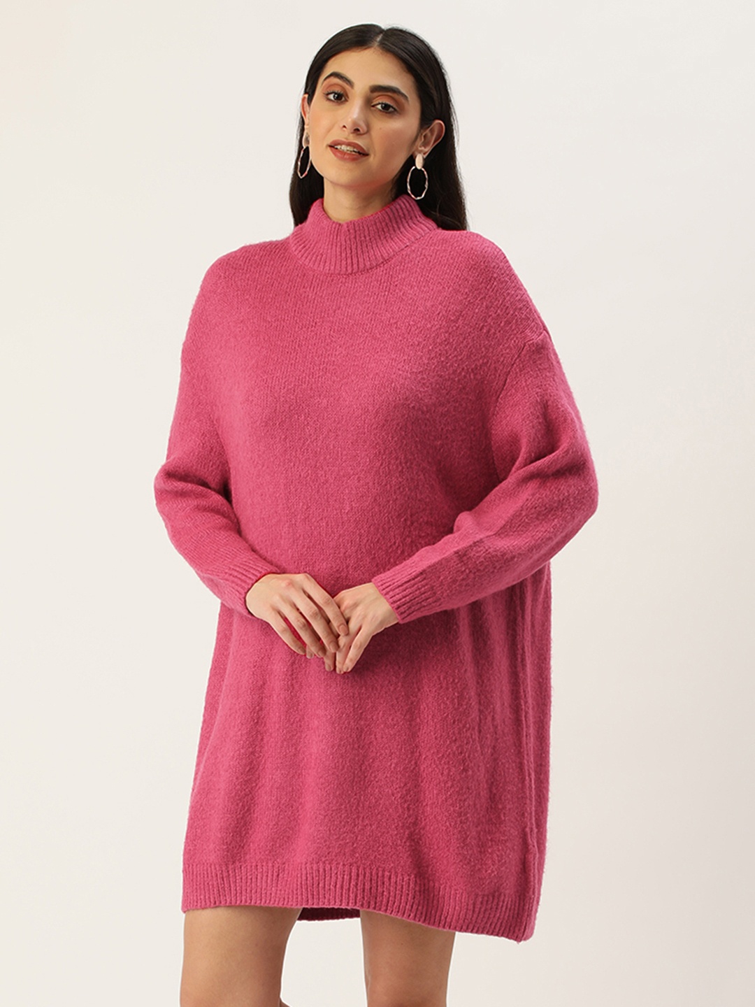 

FOREVER 21 Women Fuchsia Pink High-neck Long-Sleeves Jumper Dress