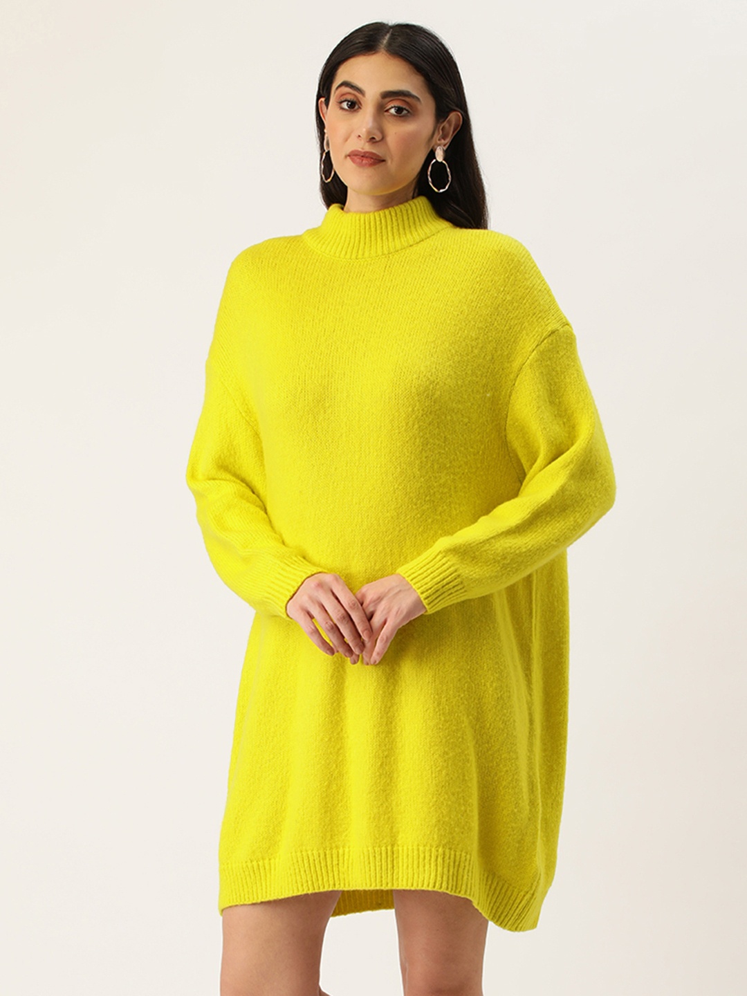 

FOREVER 21 Women Yellow High-neck Long-Sleeves Jumper Dress