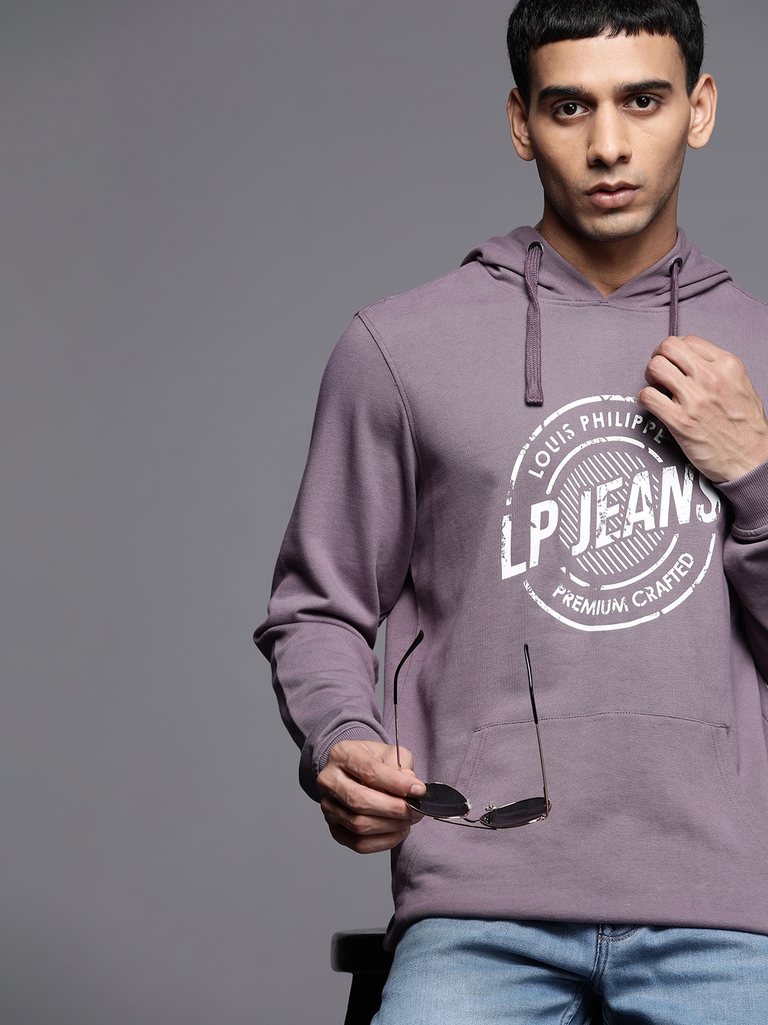 

Louis Philippe Jeans Men Lilac & White Printed Pure Cotton Hooded Sweatshirt, Lavender