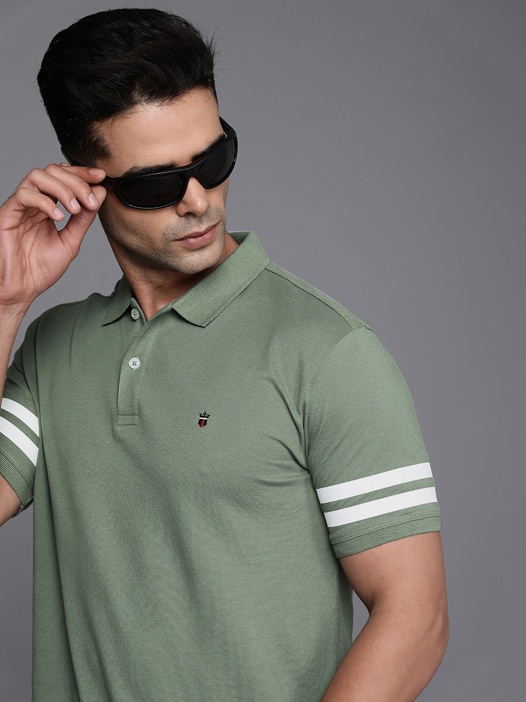 

Louis Philippe Jeans Men Olive Green & White Polo Collar Pure Cotton Slim Fit T-shirt
