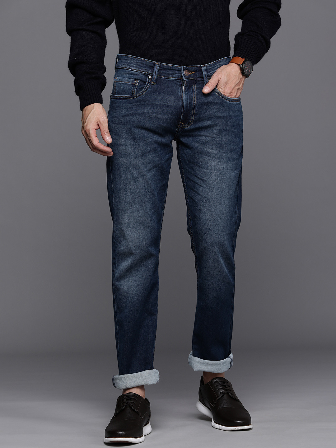 

Louis Philippe Jeans Men Navy Blue Slim Fit Mid-Rise Light Fade Jeans