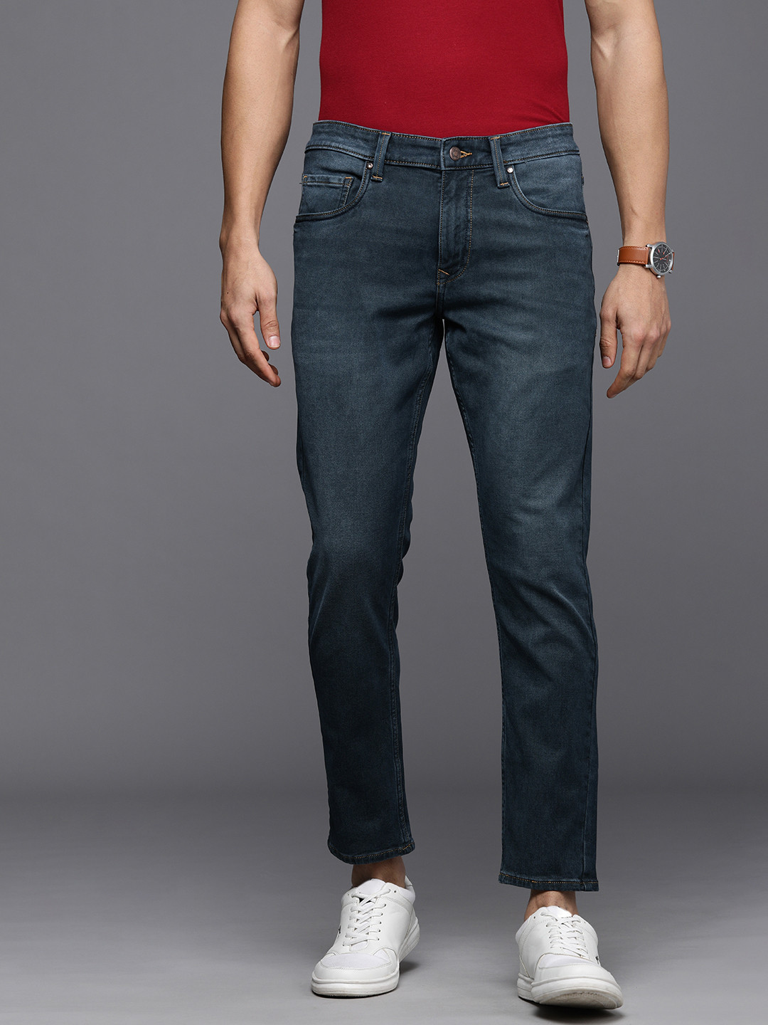 

Louis Philippe Jeans Men Navy Blue Smart Low-Rise Light Fade Bleached Stretchable Jeans