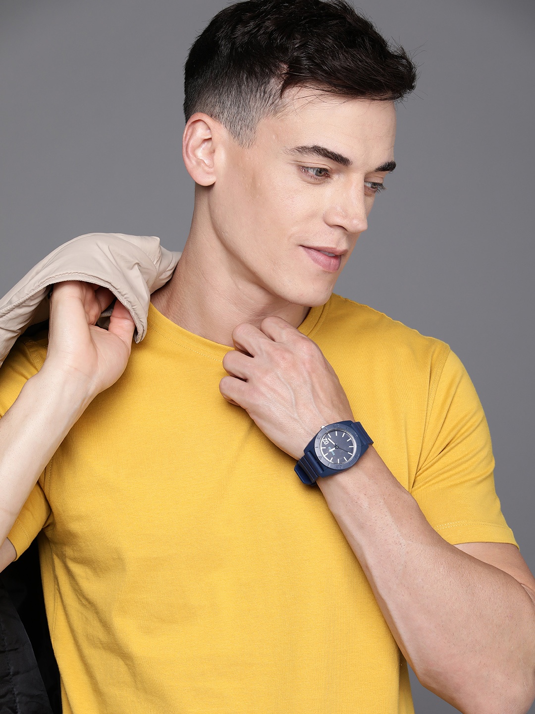

Louis Philippe Jeans Men Mustard Yellow Solid Pure Cotton Slim Fit T-shirt