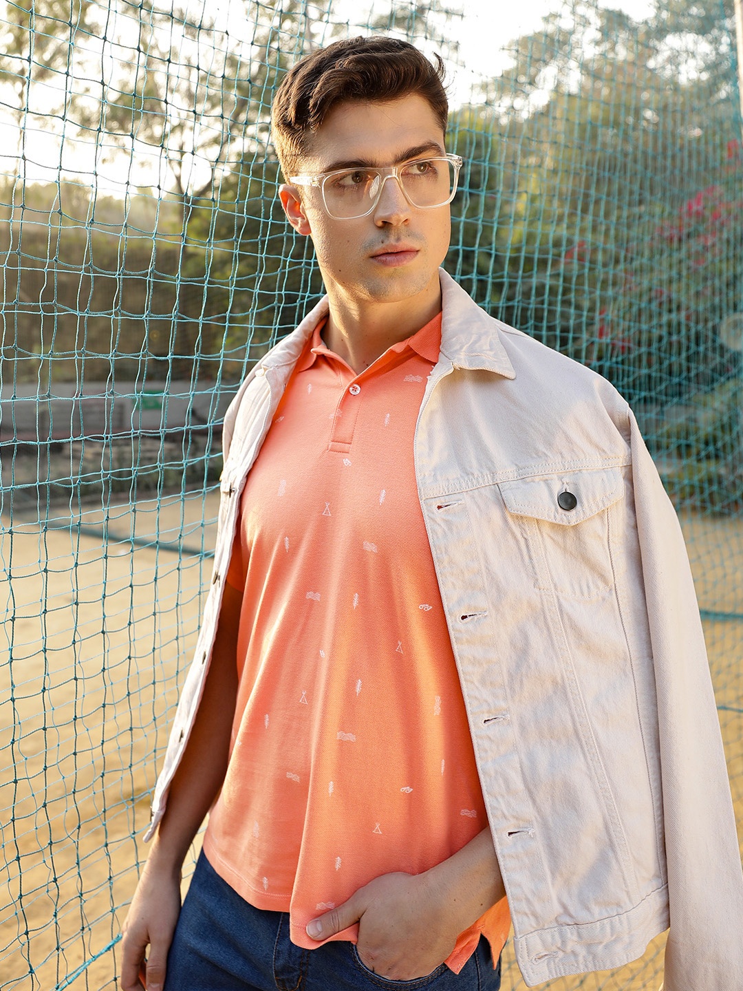 

Louis Philippe Jeans Men Coral Orange Printed Polo Collar Pure Cotton Slim Fit T-shirt