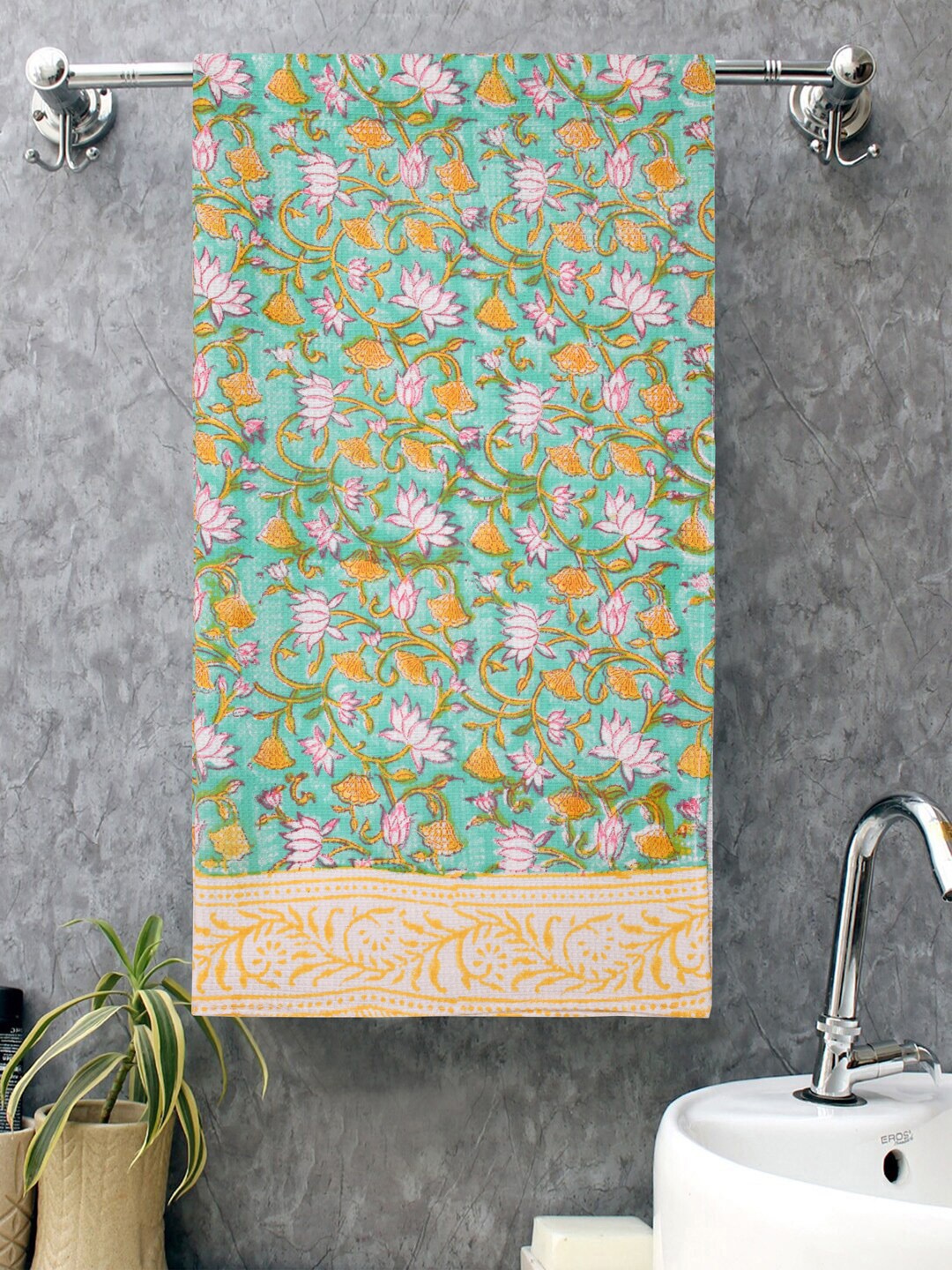 

Gulaab Jaipur Green and Yellow Floral Printed 400 GSM Organic Cotton Bath Towel