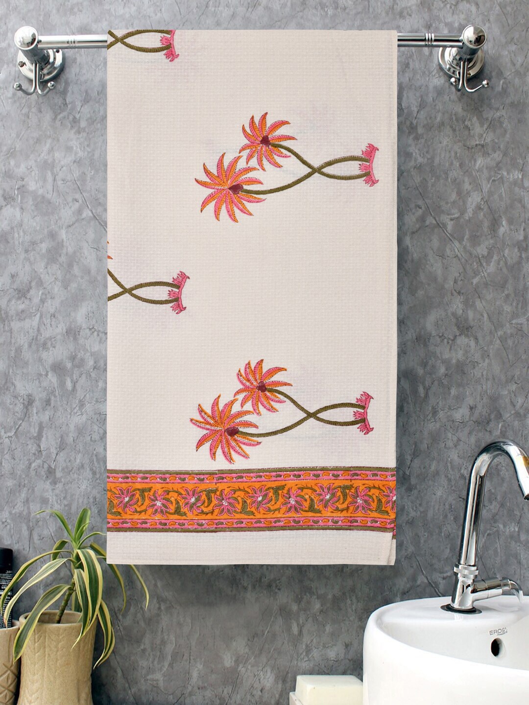 

Gulaab Jaipur White & Orange Printed 400 GSM Organic Cotton Bath Towel