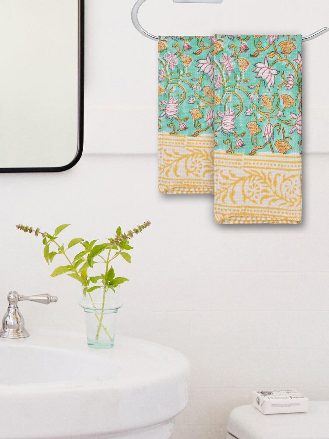 

Gulaab Jaipur Blue & Yellow Printed 400 GSM Organic Cotton Hand Towel