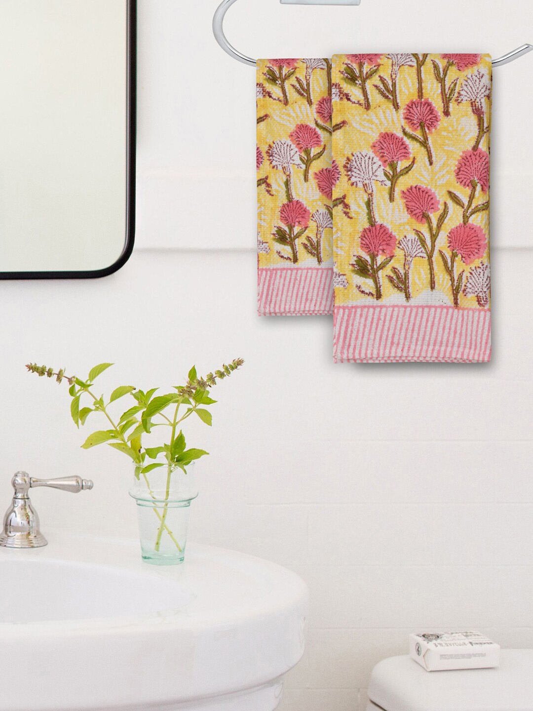 

Gulaab Jaipur Set of 2 Yellow & Pink Printed 400 GSM Organic Cotton Hand Towel