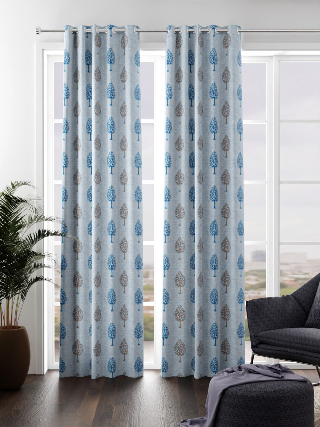 

KOPA Blue & Silver-Toned Set of 2 Floral Door Curtain
