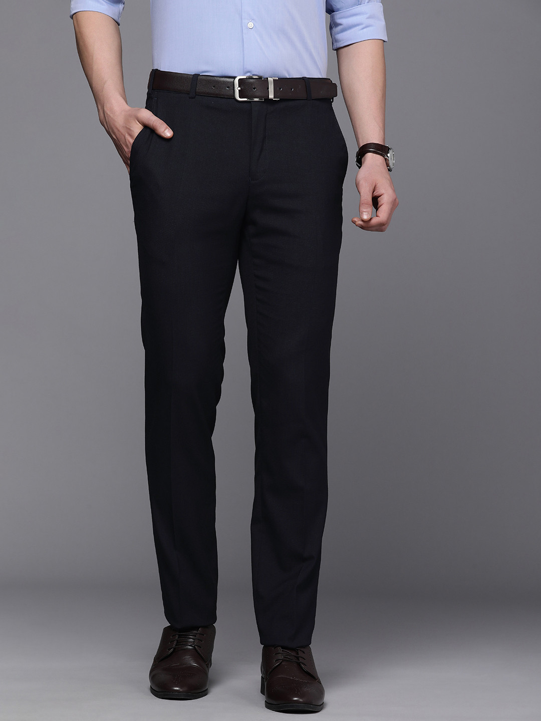 

Raymond Men Solid Slim Fit Formal Trousers, Navy blue