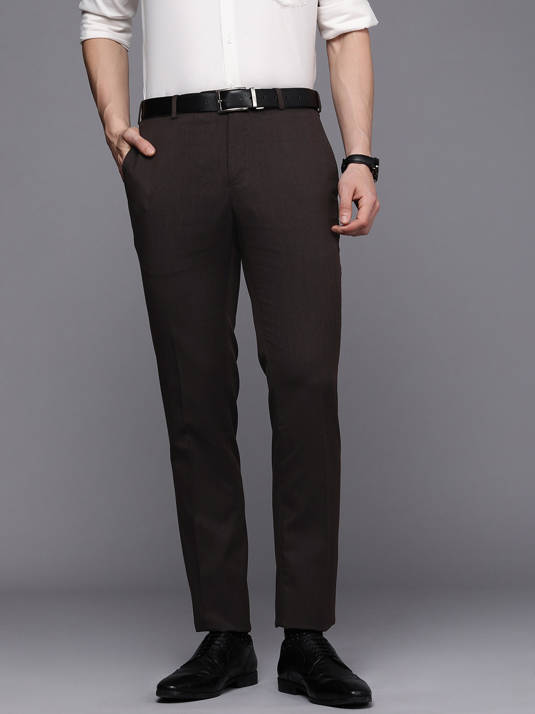 

Raymond Men Slim Fit Flat Front Formal Trousers, Brown