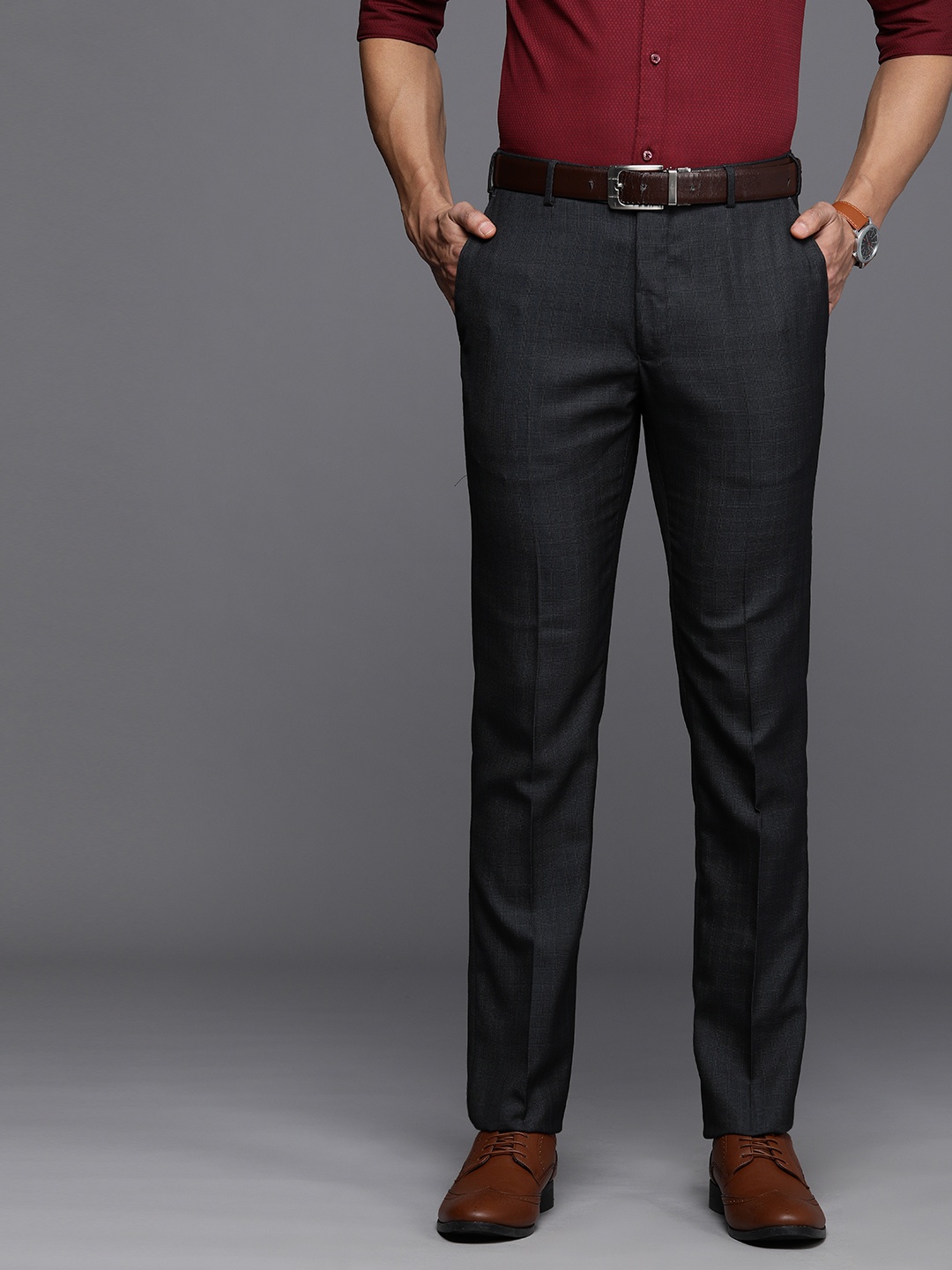 

Raymond Men Dark Grey Checked Slim Fit Mid-Rise Formal Trousers
