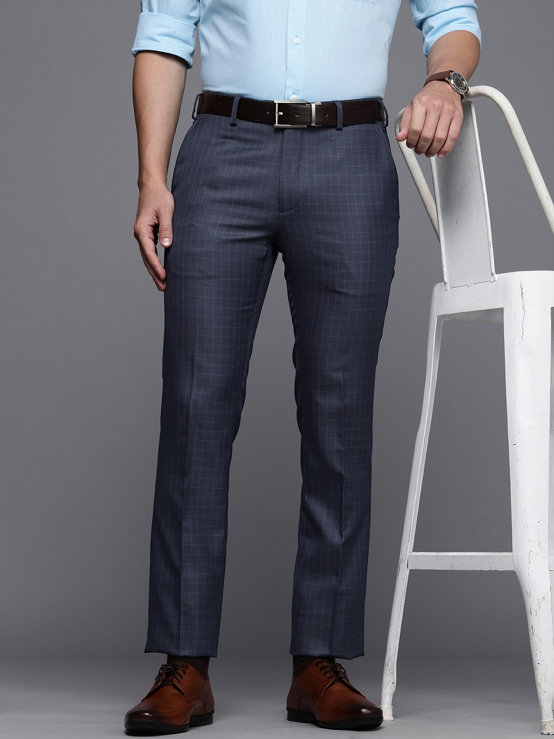 

Raymond Men Checked Slim Fit Flat Front Formal Trousers, Blue