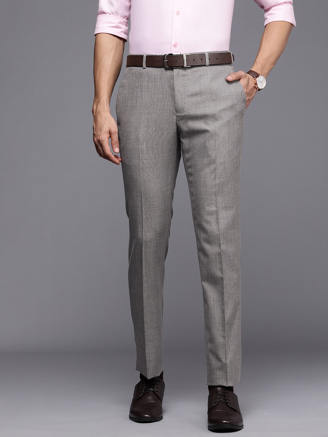 

Raymond Men Grey Striped Slim Fit Formal Trousers