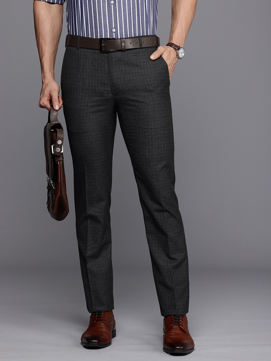 

Raymond Men Checked Slim Fit Formal Trousers, Charcoal