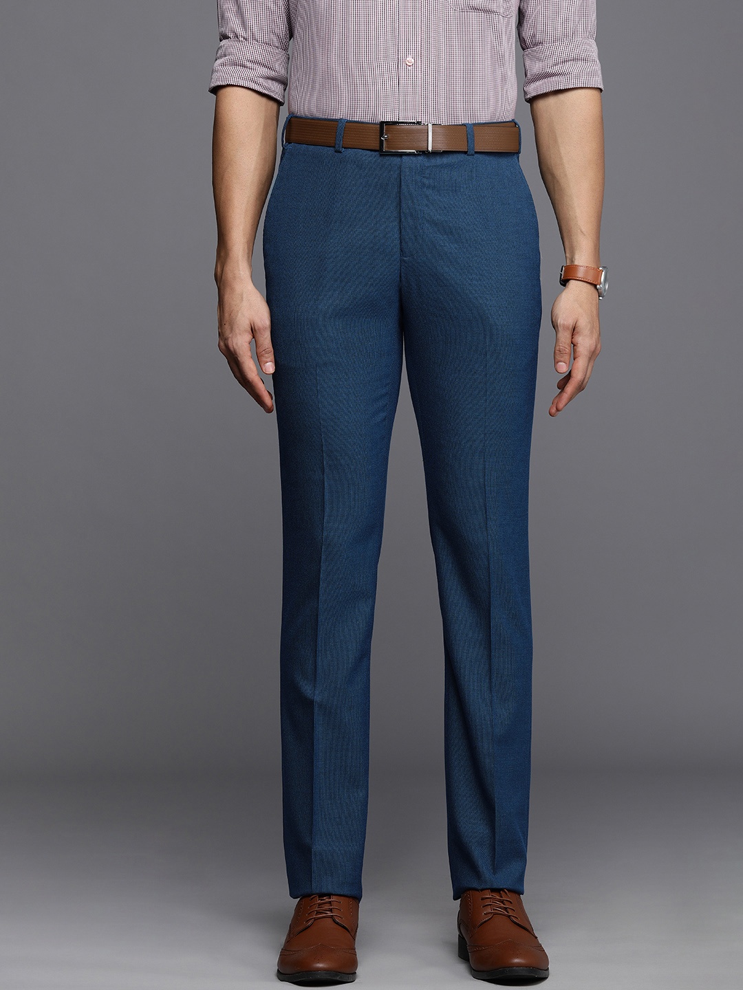 

Raymond Men Blue Textured Slim Fit Mid-Rise Formal Trousers