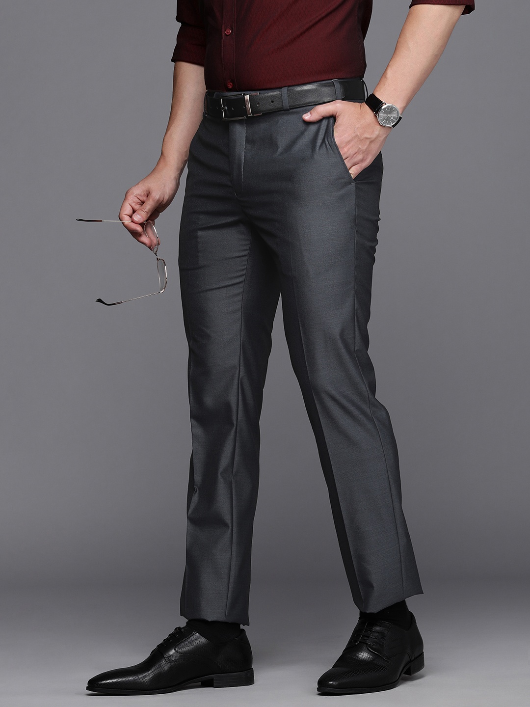 

Raymond Men Slim Fit Mid-Rise Formal Trousers, Charcoal