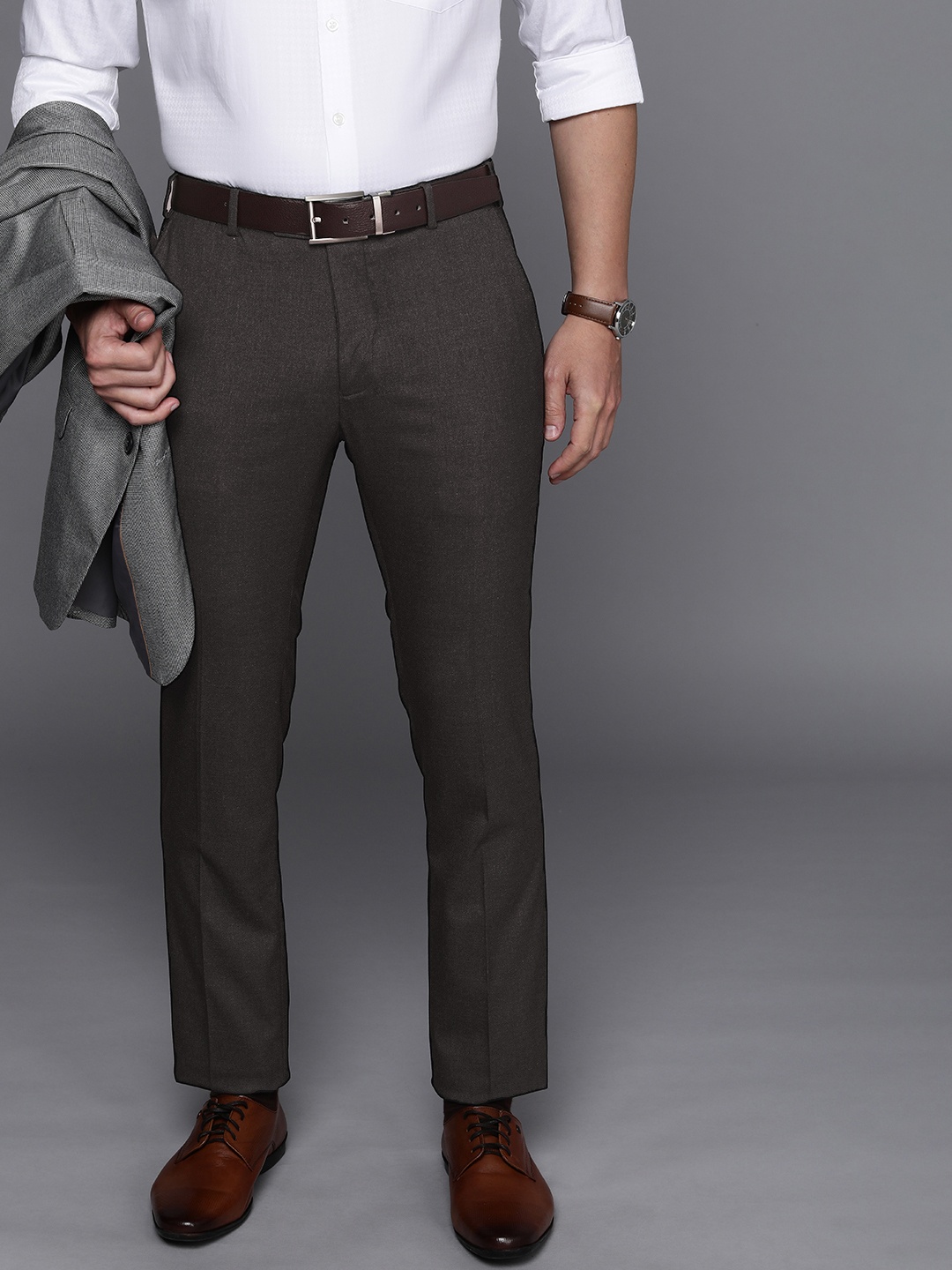 

Raymond Men Solid Slim Fit Flat Front Formal Trousers, Grey