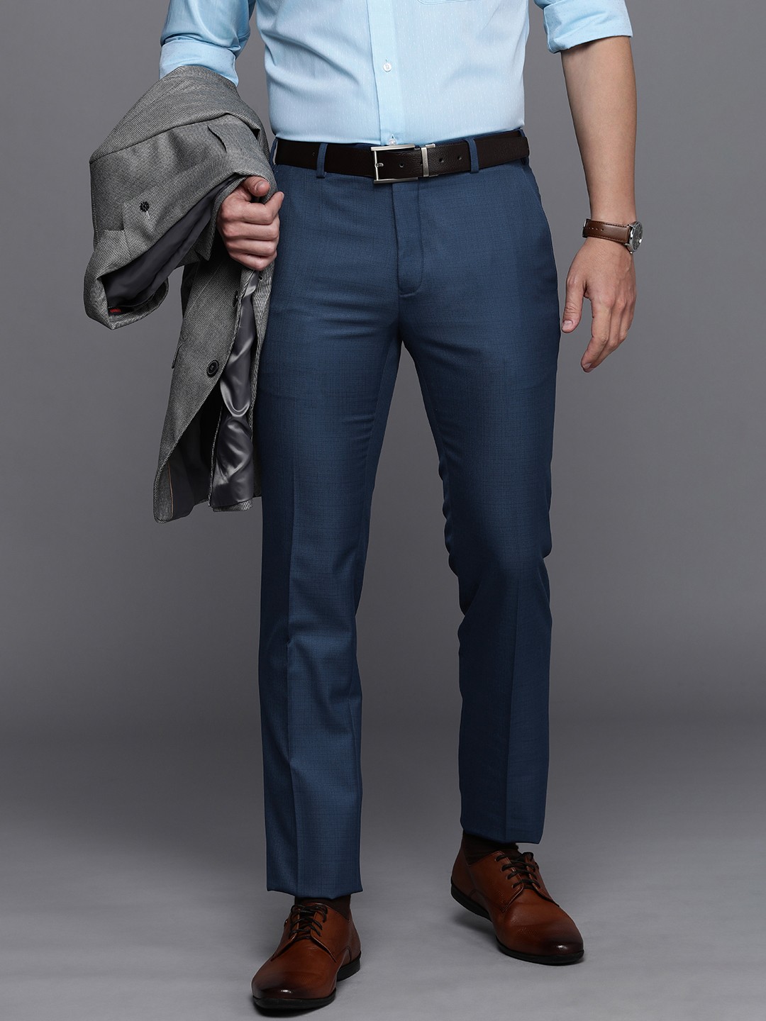 

Raymond Men Solid Slim Fit Flat Front Formal Trousers, Blue