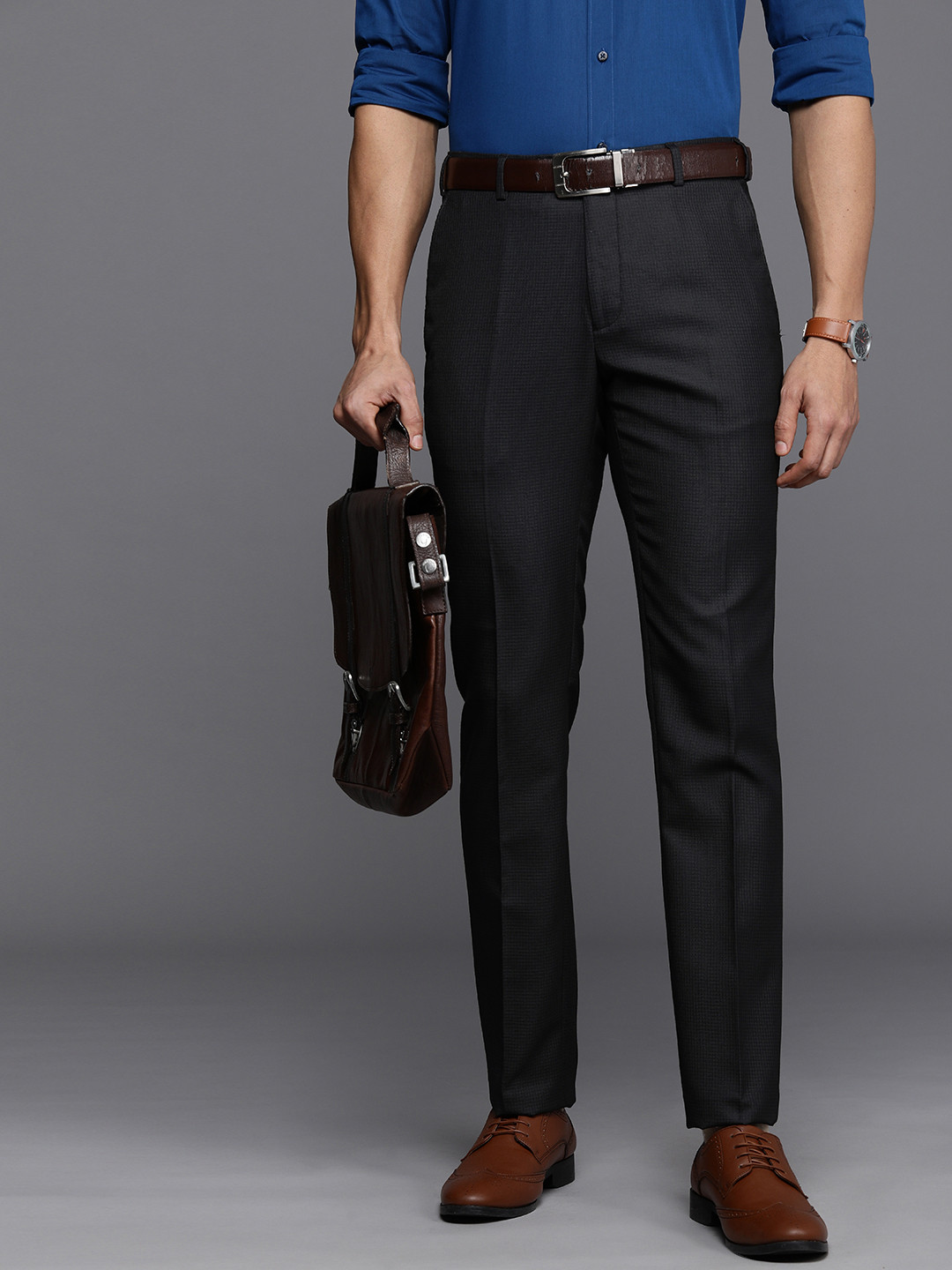 

Raymond Men Black Checked Slim Fit Mid-Rise Formal Trousers