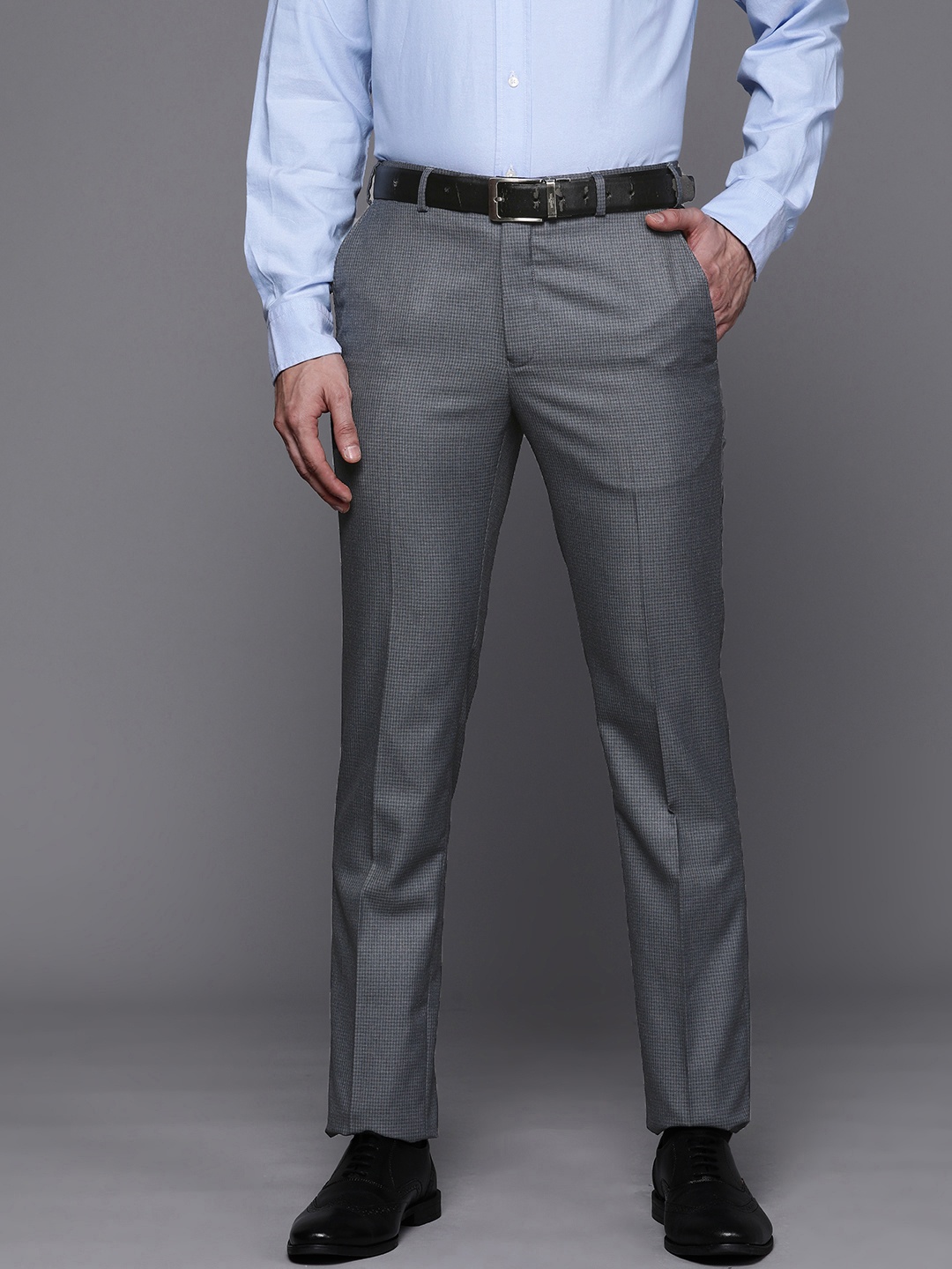 

Raymond Men Checked Slim Fit Flat Front Formal Trousers, Grey