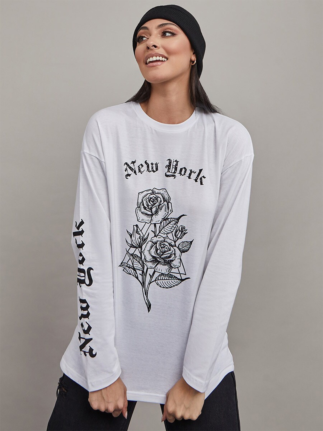 

Styli Long Sleeves New York Flower Graphic Oversized T-shirt, White