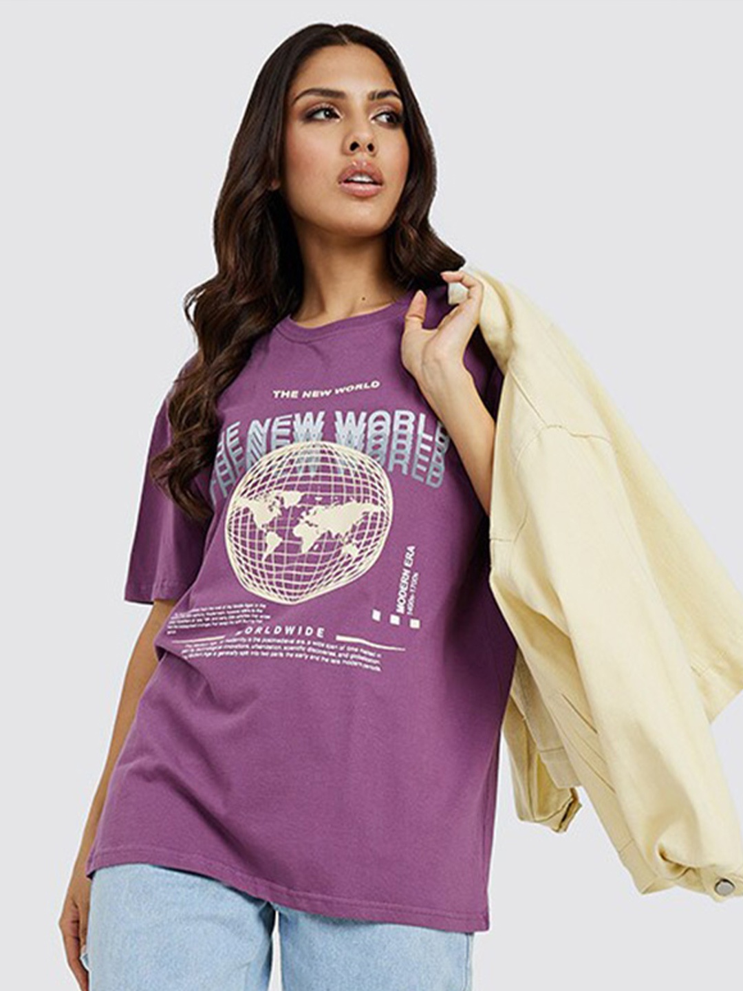 

Styli Short Sleeves The New World Globe Graphic Oversized Longline T-shirt, Purple