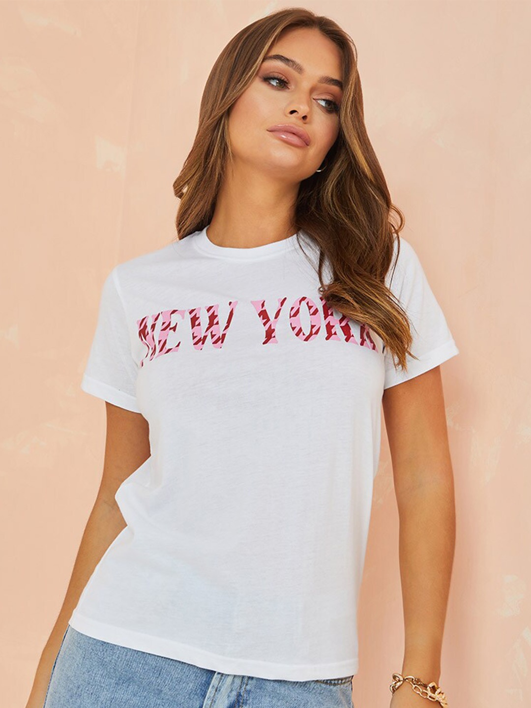 

Styli Women White Short Sleeves New York Slogan Print Regular Fit T-shirt