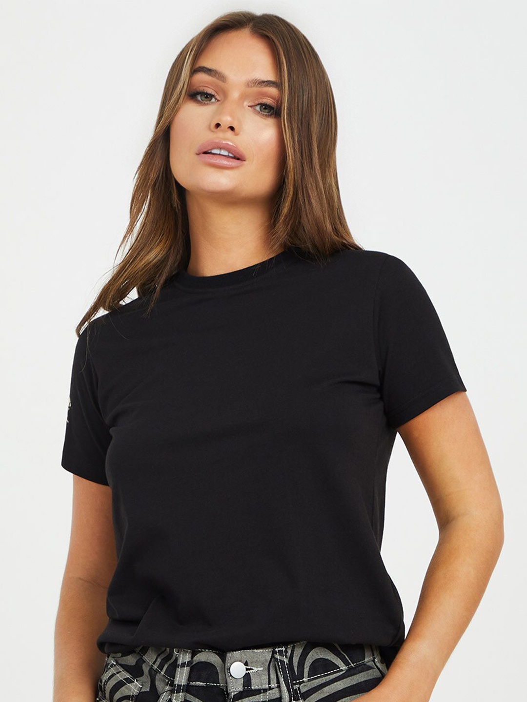 

Styli Women Black Short Sleeves Future Slogan Back Print Regular Fit T-shirt