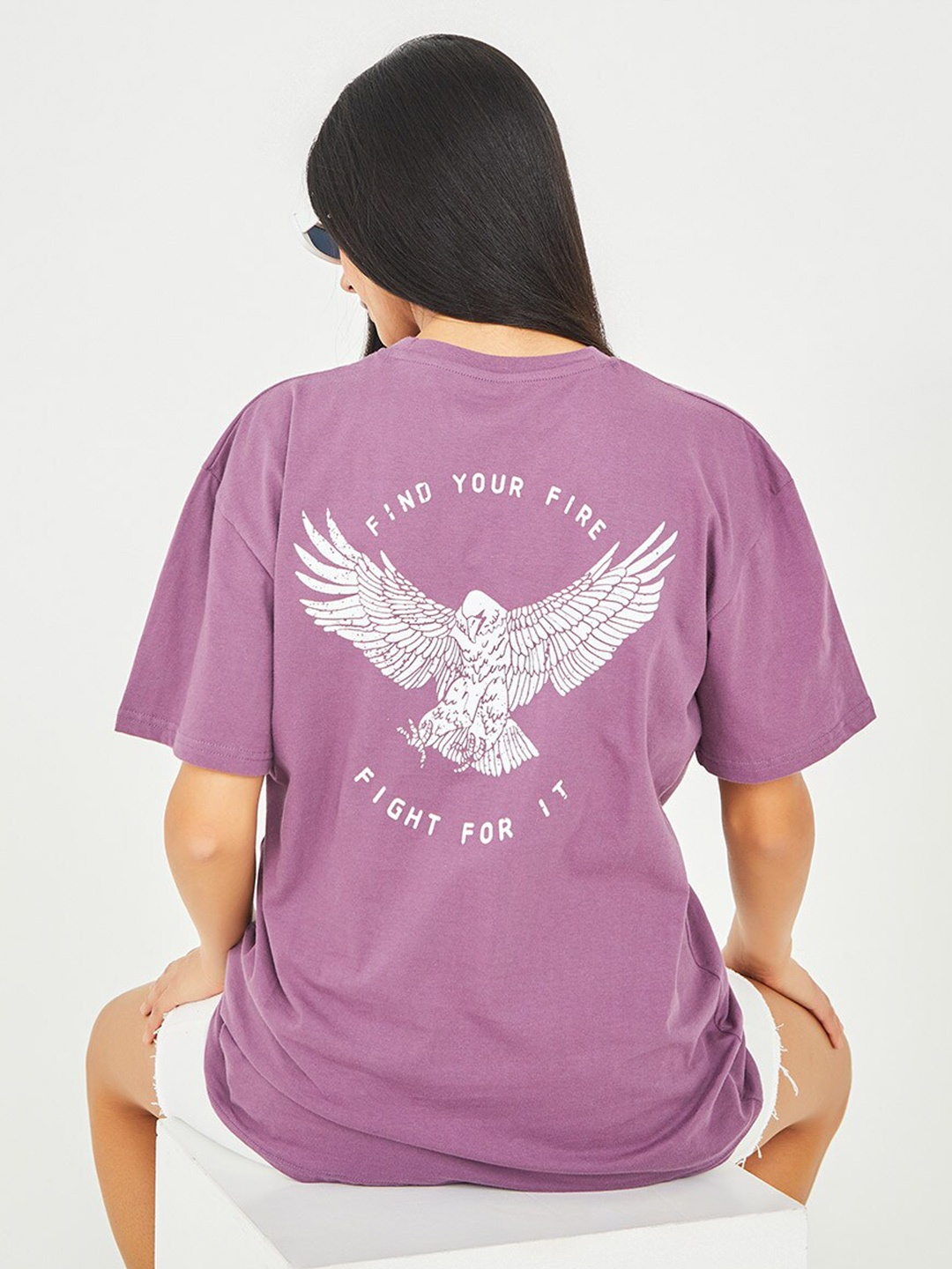 

Styli Women Purple Short Sleeves Graphic Back Print Oversized Longline T-shirt