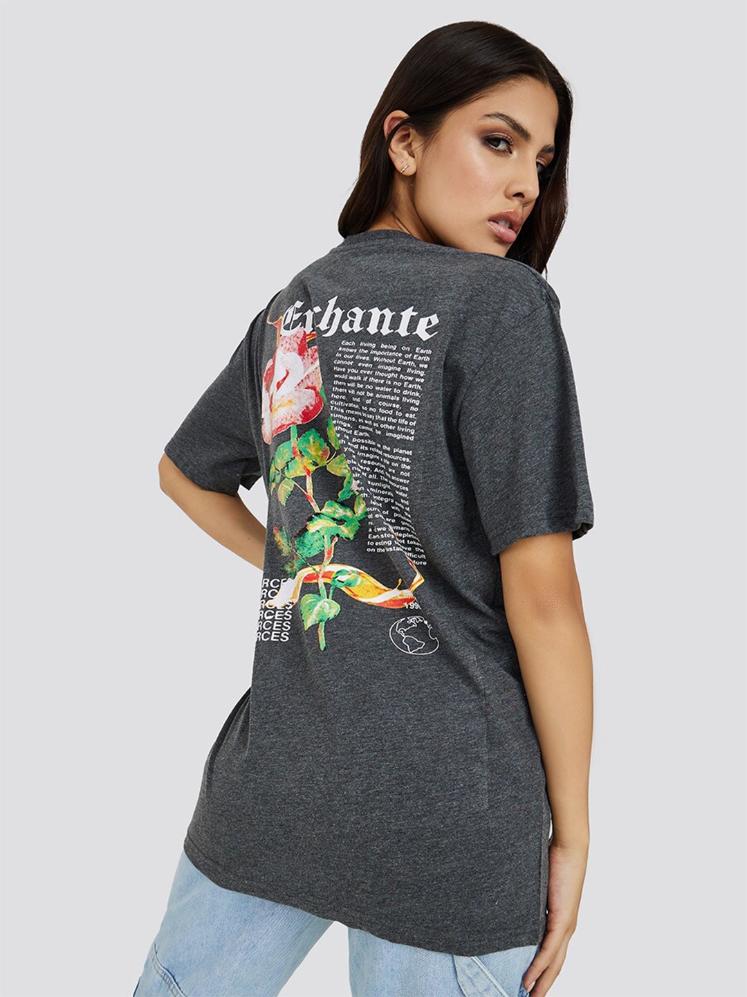 

Styli Women Charcoal Enchanted Floral Back Graphic Oversized Longline T-shirt