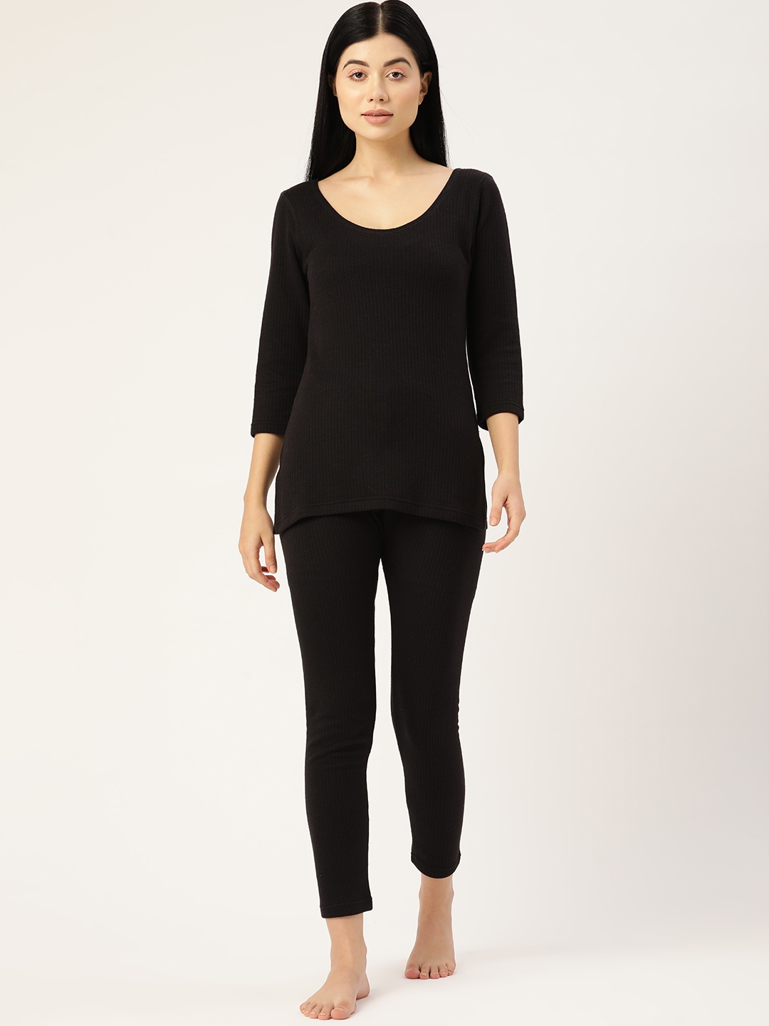

ETC Women Black Striped Patterned Cotton Thermal Set