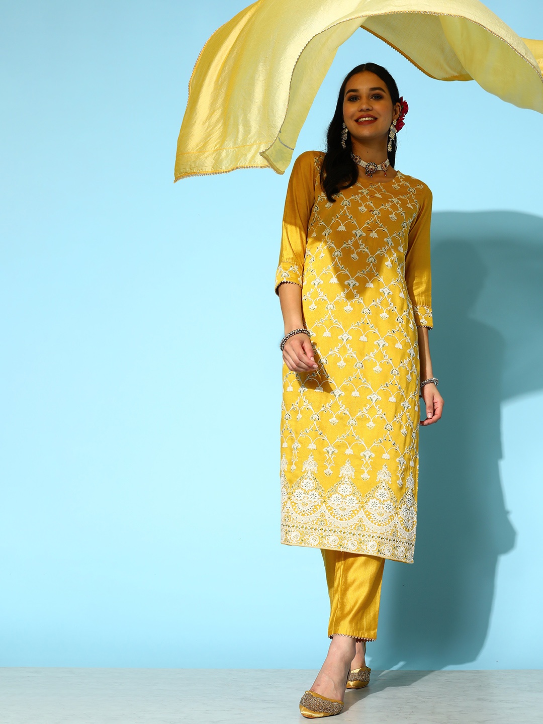 

SKYLEE Women Yellow Ethnic Motifs Embroidered Kurta with Trousers & With Dupatta