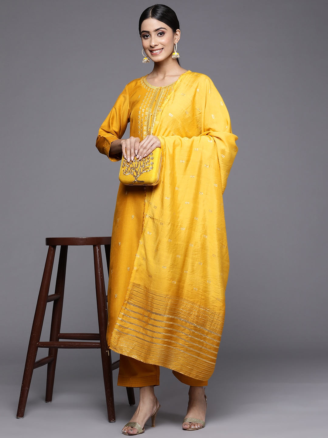 

Varanga Women Mustard Yellow Ethnic Motifs Embroidered Kurta with Trousers & Dupatta