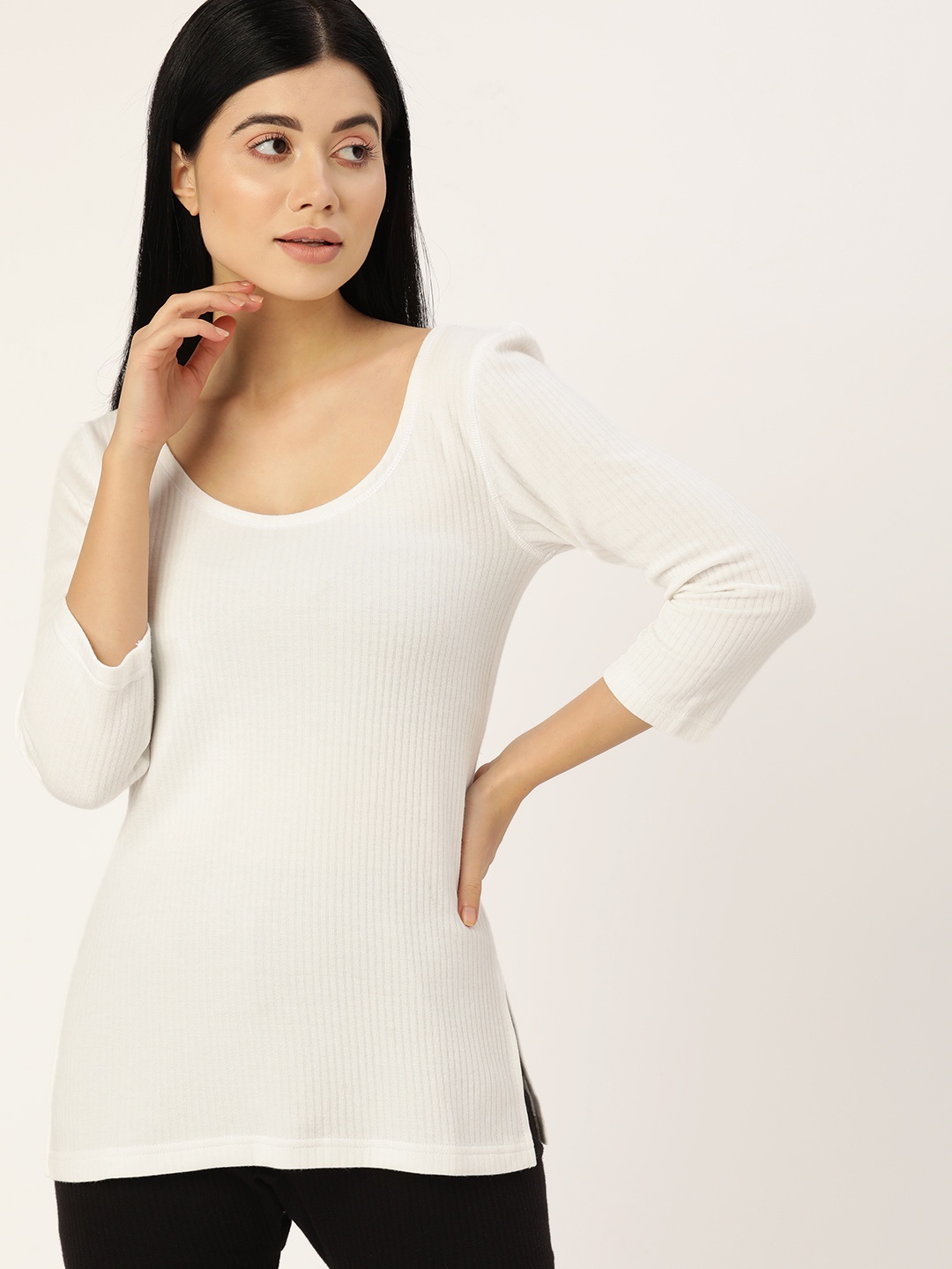 

ETC Women White Ribbed Cotton Longline Thermal Top