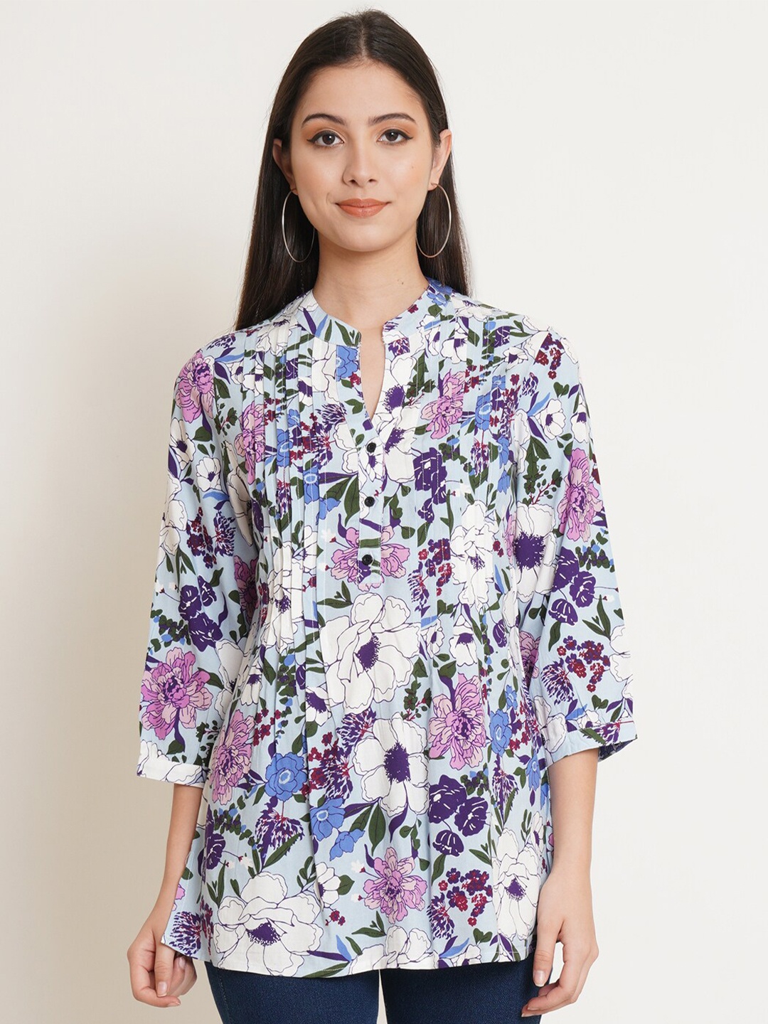 

IX IMPRESSION Women Plus Size White & Purple Floral Print Mandarin Collar Longline Top