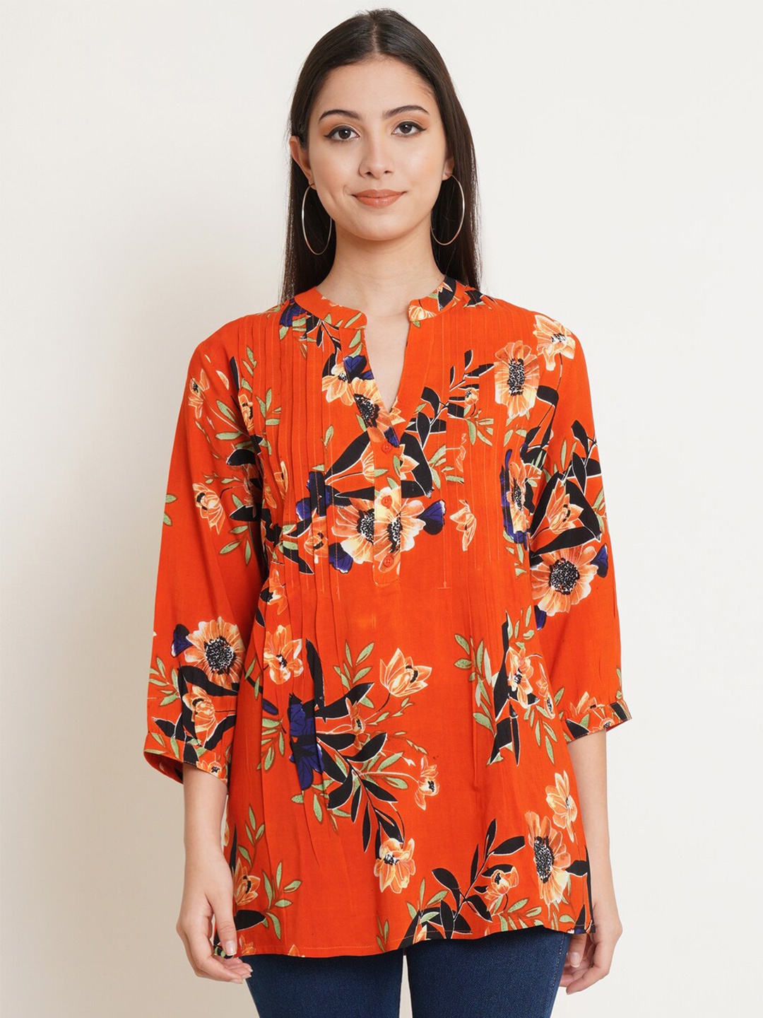 

IX IMPRESSION Women Plus Size Orange & Black Floral Printed Mandarin Collar Longline Top