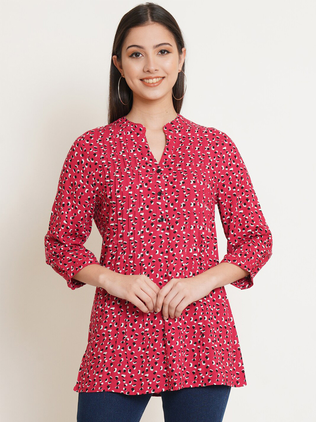 

IX IMPRESSION Women Maroon Floral Print Mandarin Collar Top