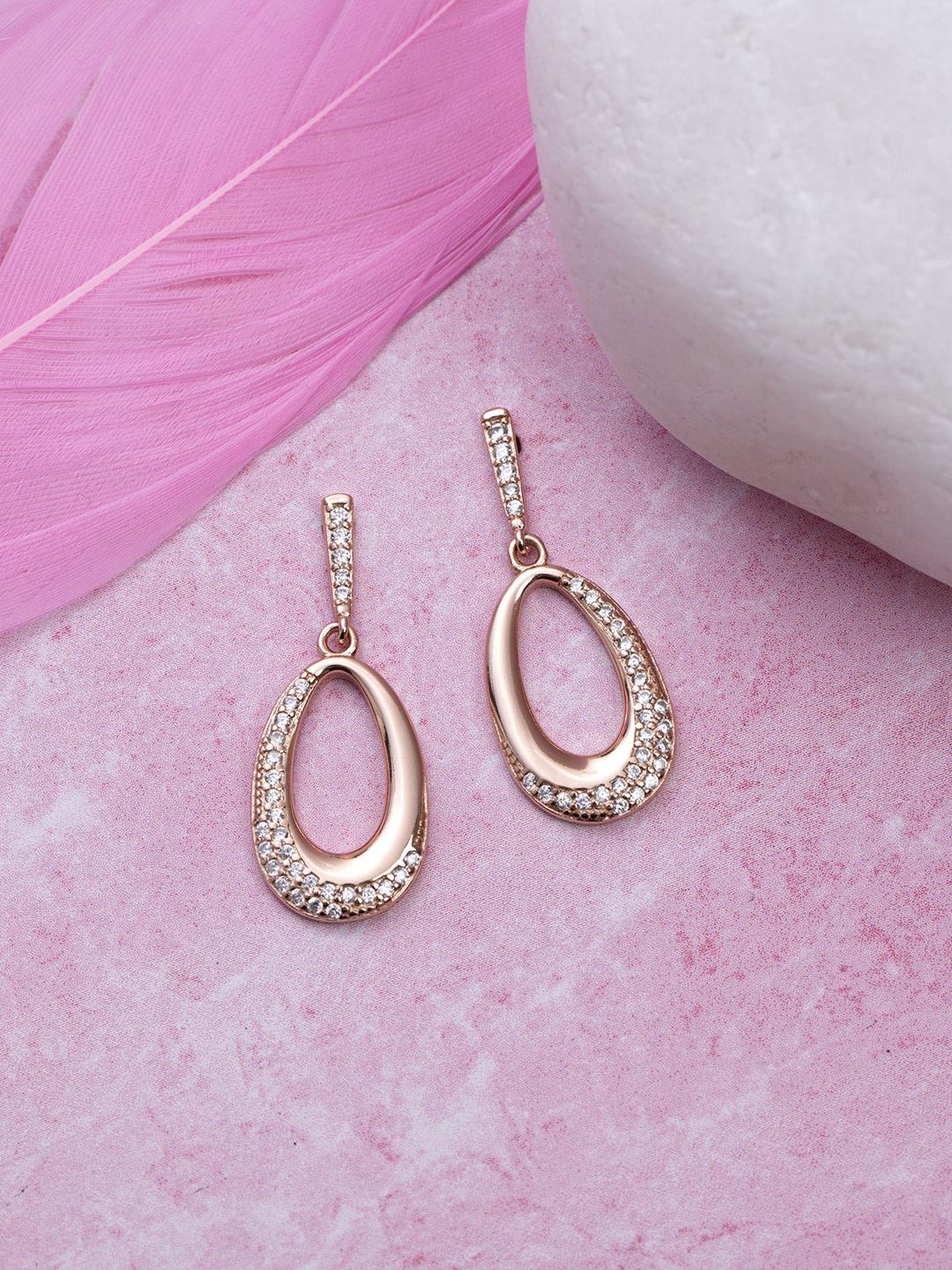 

Zavya Rose Gold-Toned 925 Sterling Silver CZ Studded Teardrop Shaped Drop Earrings